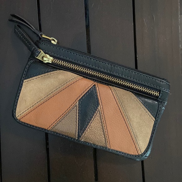 Fossil Preston Flap Clutch Leather Wallet Chevron Patchwork - Picture 8 of 8